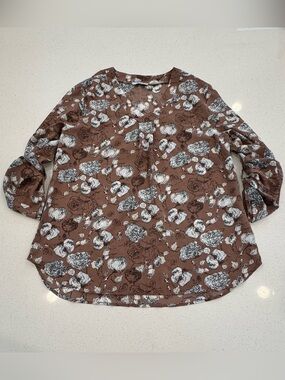 Youtalia Womens XL Floral V-Neck Roll Tab Long Sleeve Blouse Brown White Tunic
